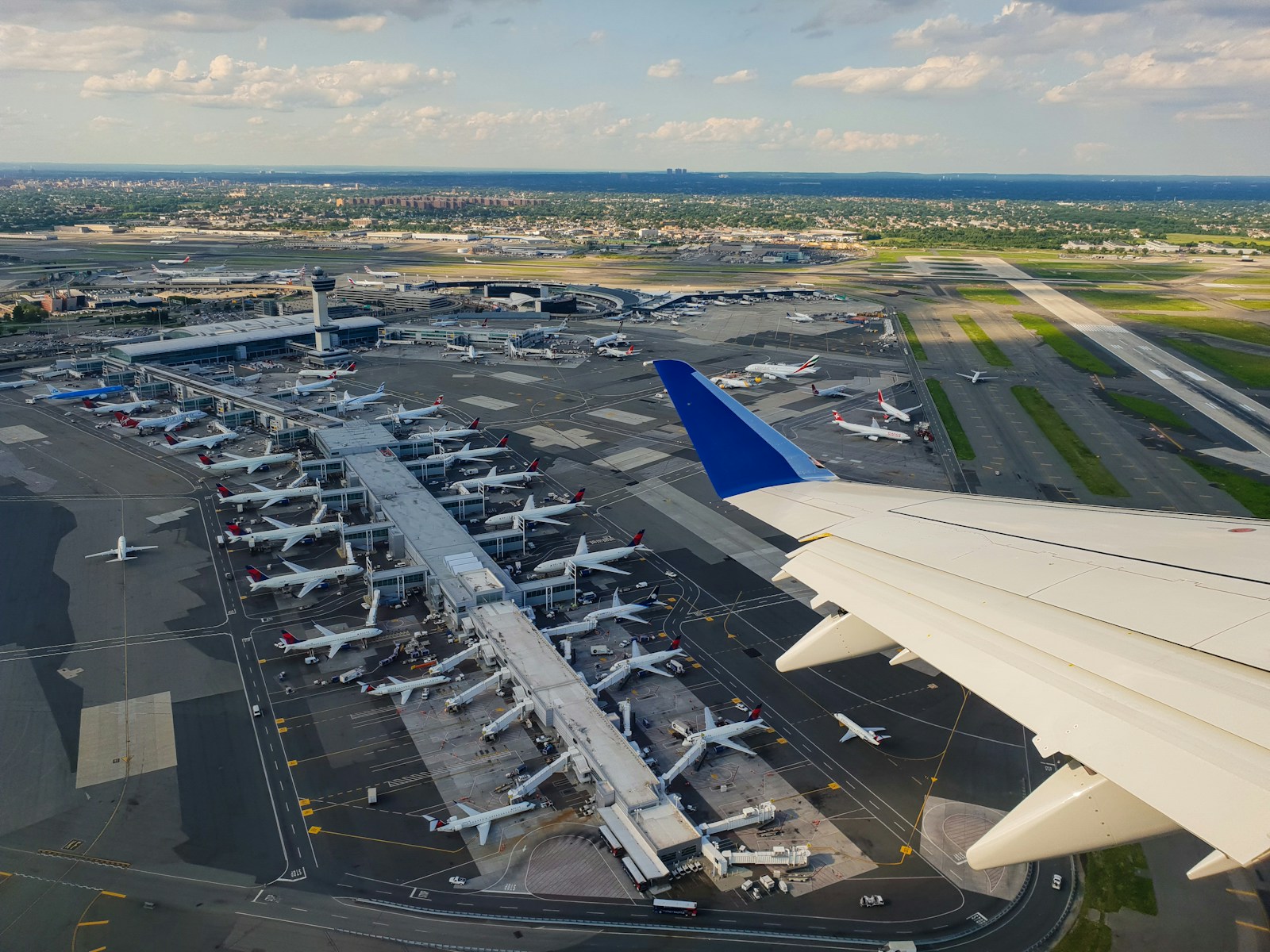 Aerial view of New York JFK Airport at dusk